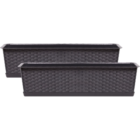 Set van 2x kunststof Ratolla rotan plantenbakken/bloembakken set donkerbruin 8 liter -