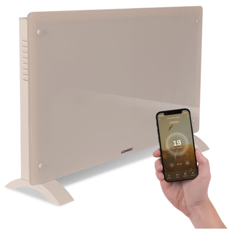 VONROC Luxe elektrische kachel - Convectorkachel met glazen paneel – 1000W/2000W- Verwarmt ruimtes tot 24m2 - Bediening zowel met app (via Wifi) als handmatig – Instelbare thermostaat en timer - Beige