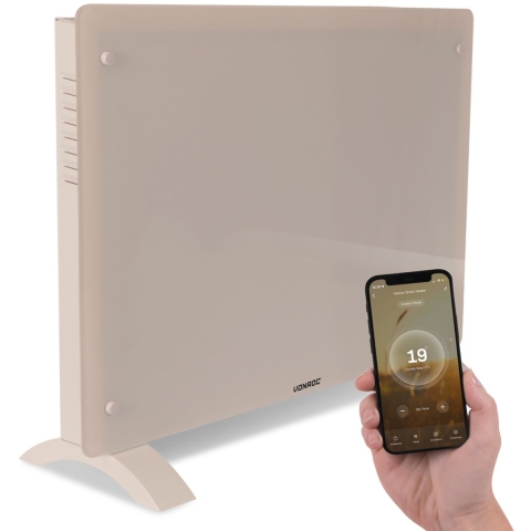 VONROC Luxe elektrische kachel - Convectorkachel met glazen paneel – 750W/1500W - Verwarmt ruimtes tot 18m2 - Bediening zowel met app (via Wifi) als handmatig – Instelbare thermostaat en timer - Beige