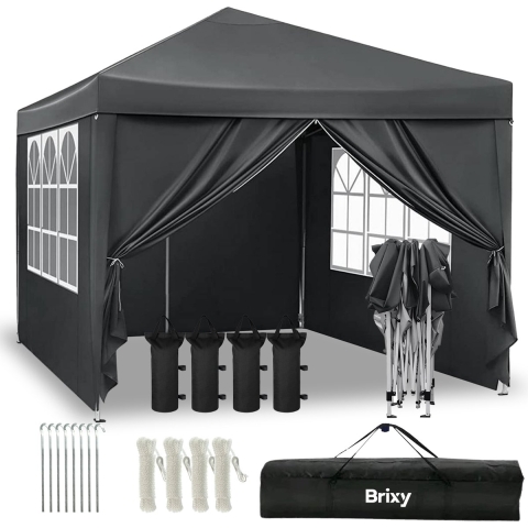 Brixy Partytent - Paviljoen - Easy Up - Opvouwbaar - Met Zijwanden - Waterdicht - Met Draagtas - 300 x 300 cm – Zwart