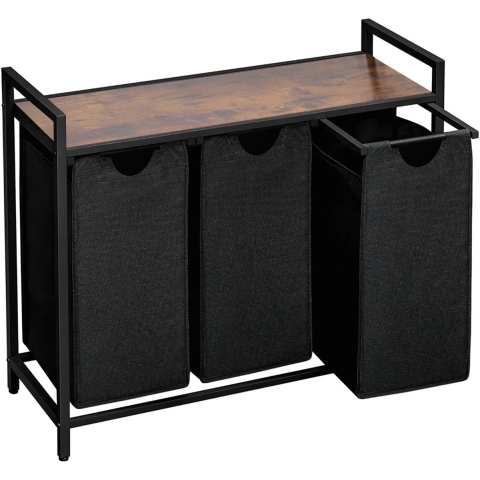 Brixy Wasmand 3 Vakken - Wassorteerder - Uitschuifbaar - Wasbox Metaal - 117L Inhoud - 90 x 33 x 70 cm - Zwart/Bruin