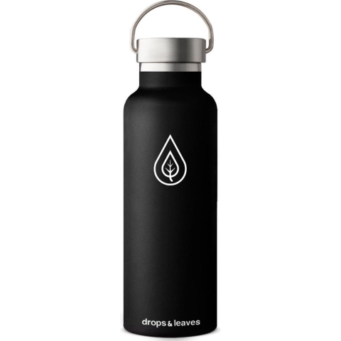 Drops & Leaves - Thermosfles - Roestvrij Staal - RVS - Drinkfles - 500ML - Waterfles - Deep Black - Thermos - Isolatie - Thermosbeker - Outdoor - Lekvrij - Fles