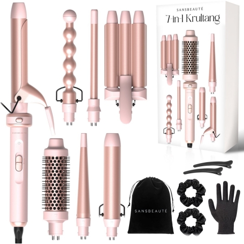 Sansbeauté® 7 in 1 Krultang met Klem en Wafeltang - Keramische Haarkruller - 13mm tot 38mm - Wafeltang - Föhnborstel Kort Haar - Warmteborstel - Krultangen - Thermal Brush - Haarstyler - Krulborstel 5 in 1
