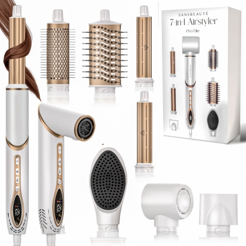 Sansbeauté® 7-in-1 Airstyler - Multistyler - Fohnborstel Kort Haar - Haarstyler - Haardroger - Föhnborstel - Warmteborstel - Krulborstel - Krultang - Stijlborstel - Coldshot - Roterende Kabel