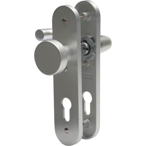 Nemef 3253 FP/B Rs Beslag kortschild afgerond | D kruk-knop | beslagset | geveerd | krukstift 8mm | F1 aluminium | PC72-blind | draairichting rechts -