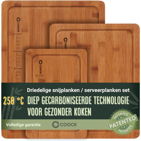 COOCK - Bamboe Houten Snijplankenset met Houder – Snijplank met Sapgeul – Serveerplank – Kaasplank - Borrelplank - voor Elke Keuken - Geïntegreerde Handgrepen en Maatverdeling - 3 Stuks - 40x30 | 33x26 | 26x18