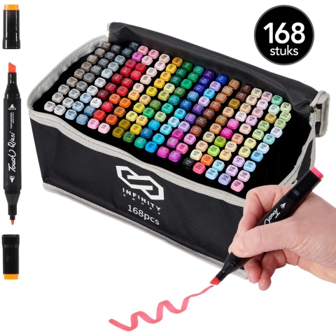 Infinity Goods Twinmarkers 168 Stuks - Professionele Alcohol Markers - Dubbelzijdige Tip - Stiften - Opbergtas Met Houder