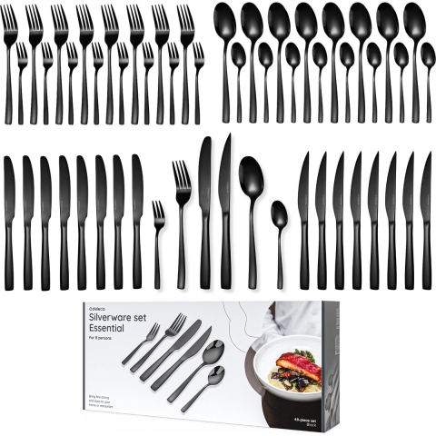 Deleca 8 Persoons Bestekset Essential (48-delig) - Lepels, Messen, Vorken, Steakmessen & Gebaksvorkjes - Vaatwasserbestendig Bestek - Glanzend Zwart / Edelstaal