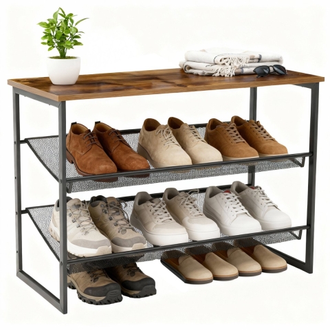 Brixy Schoenenrek - Industrieel - Hout - Metaal - 64x30x52cm - Vintage - Schoenenkast - Bruin/Zwart