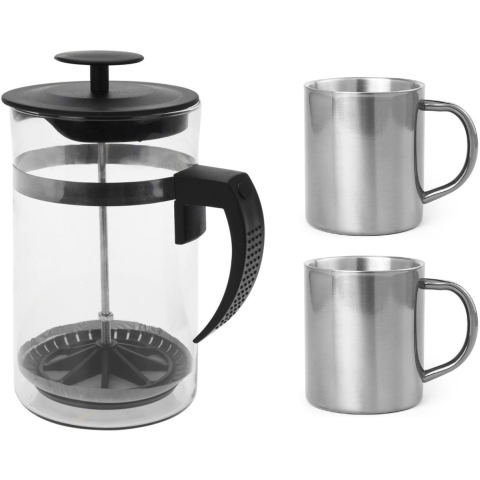 Camping percolator / cafetiere set - 1 liter - Incl 2x RVS koffiemokken - koffiezetter -
