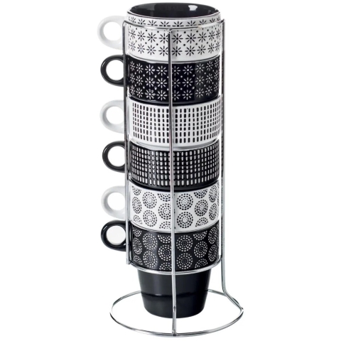 Koffiemokken Artista - 6x stuks in metalen rekje - Keramiek - glans afwerking - 260 ml - 8 x 9 cm -