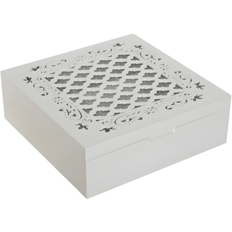 Theedoos Barok - 9-vaks - wit - hout - 24 x 24 x 8 cm - theezakjes -