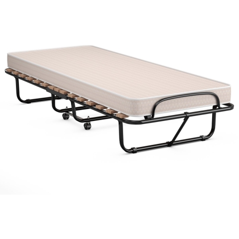 COSTWAY 80 x 190 cm, logeerbed met matras van traagschuim, inklapbaar eenpersoonsbed, stabiel metalen bed tot 130 kg belastbaar, klapbed op wielen, vouwbed, kantoor, logeerkamer, draagbaar bed (beige)