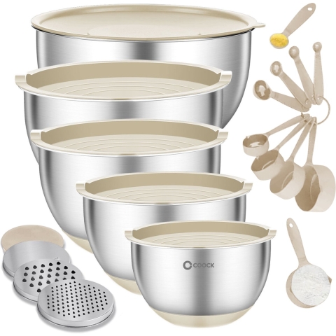COOCK RVS Mengkommen set met Deksel - Beslagkommen met deksel - Bewaarbak met Rasp - Schaal voor Salades & Mengen - 22 Delige Set 1,5 t/m 5 Liter – Beige - Incl. Maatschepjes