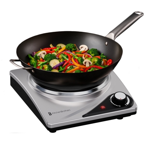 KitchenBrothers Elektrische Kookplaat - 1 Pits - Vrijstaand - 7 temperatuurstanden - 1500W - RVS/Zwart