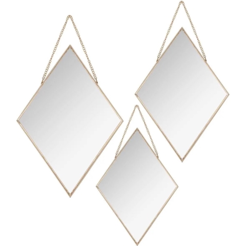 Atmosphera Wandspiegels set - Ruitjes - 3x spiegels - metaal en glas - gouden frames - met ketting -