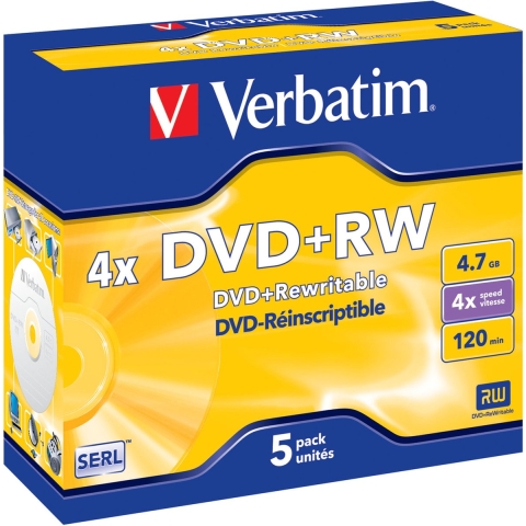Verbatim 43229 DVD+RW disc 4.7 GB 5 stuk(s) Jewelcase Herschrijfbaar, Mat zilver oppervlak