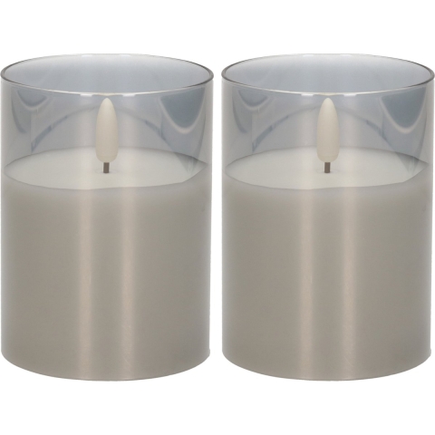 Cepewa led kaars - 2x - met timer - grijs - glas - 7 x 10 cm - met timer - led-kaarsen -