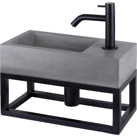 Differnz Jukon - Fonteinset - Wasbak Beton - Gebogen Kraan Mat Zwart - 38.5 x 18.5 x 9 cm - Met Handdoekrek