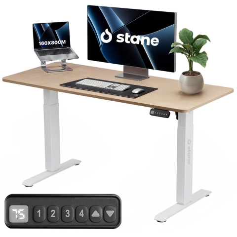 Stane Zit Sta Bureau Elektrisch Verstelbaar - 4 Geheugenstanden - 160 x 80 cm - Eiken Blad Wit Frame