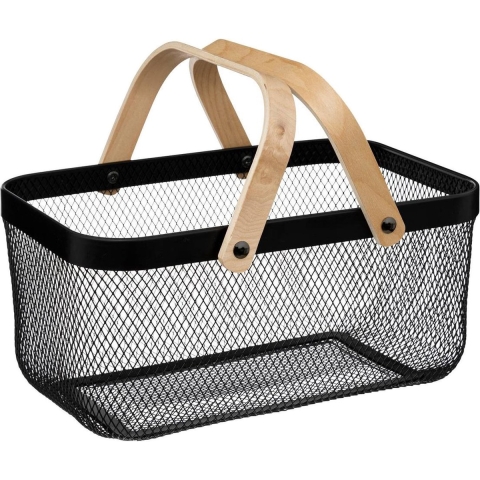 Draadmand/fruitschaal Maya - rechthoek - zwart/bruin - 40 x 27 x 19 cm - metaal/hout - keuken mand -