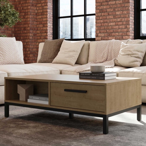 CaliCosy Table basse 2 tiroirs et 2 niches décor chêne et noir mat l110,5 cm craft