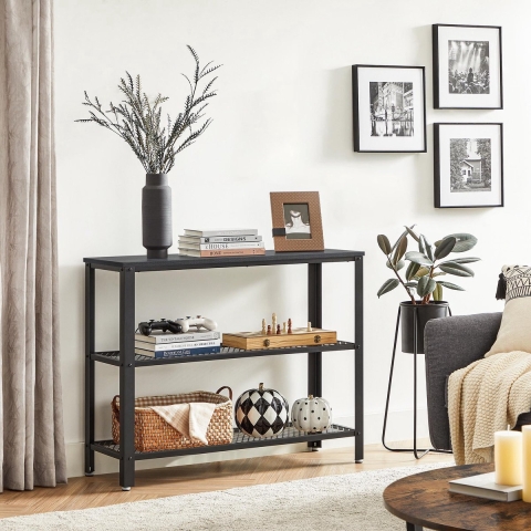 MAZAZU Industriële sidetable – met 2 gaasplanken – hout & metaal – 101,5 ×