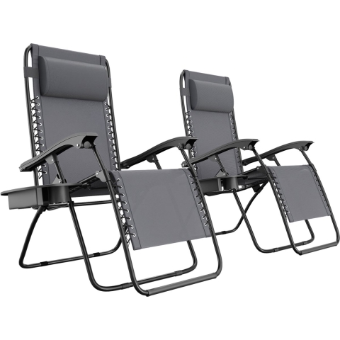 LifeGoods® Opvouwbare Relaxstoelen – Set van 2 – 30°-90° Verstelbaar – Metaal - Met Beker- en Telefoonhouder – Donkergrijs