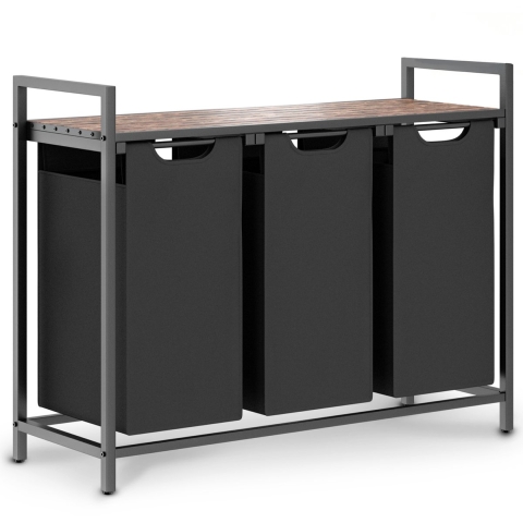 O'DADDY Wasmand met 3 Vakken – Houten Bovenblad & Metalen Frame – 114L – 92,5 x 33 x 71 cm – Zwart & Rustiek Bruin