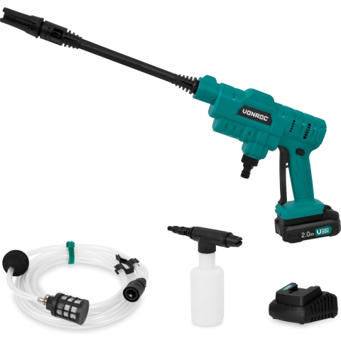 VONROC Accu drukreiniger 20V – 24bar – 198 l/h - Incl. 5m aanzuigslang, reinigingsmiddelenfles en regelbare spuitmond – Incl. 2.0Ah Accu en Snellader