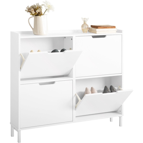 SoBuy Schoenenkast met 4 Kleppen – Schoenenopbergkast voor Hal of Entree – Wit – 100x19x91 cm