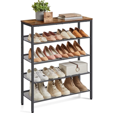 O'DADDY® Schoenenrek - 5 Laags - Schoenen Opbergsysteem - Schoenrek - Schoenenkast - Schoenkast - Industrieel Design - Bruin Hout - Zwart Metaal