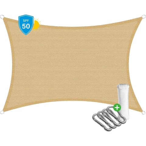 Travelhawk Schaduwdoek Rechthoek - 2 x 3 Meter - HDPE Materiaal - Schaduwdoeken - Schaduwnet - Zonwering Incl. Touw en 4 Karabijnhaken - Beige