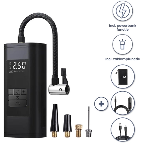 TTD® Draagbare Elektrische Fietspomp en Bandenpomp Auto - Luchtcompressor - USB Oplaadbaar - Met Powerbank - Zaklampfunctie - 2x Krachtige 2000 mAh Accu's