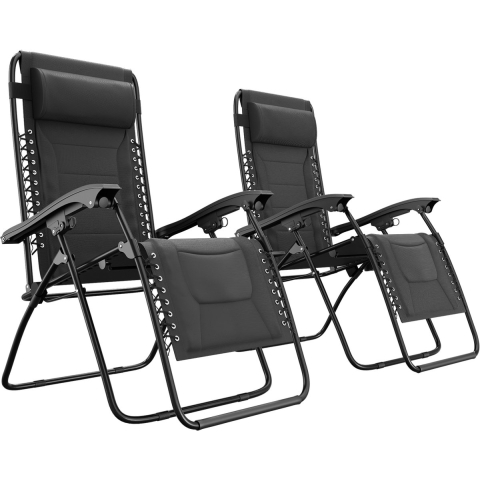 LifeGoods Ligstoelen Comfort - Opvouwbaar - 30°-90° Verstelbaar - Beker en Telefoonhouder - Tuinstoelen - Zwart