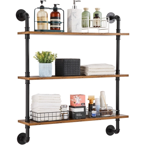 VEVOR Industriële pijpenplank, 3-laags, 81,3 x 20 cm, wandmontage, zwevende rustieke houten planken, beugel, zwevende plank, opbergrek, houder voor kleine onderdelen voor keuken, slaapkamer, badkamer, woonkamer