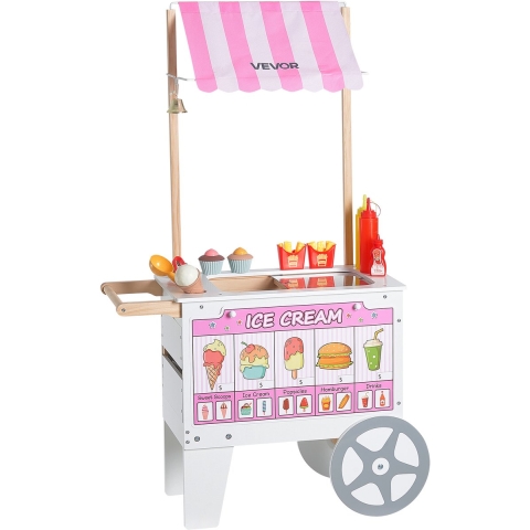 VEVOR ijscowagen voor kinderen, meer dan 20 accessoires, speelgoedkeuken voor in de ijssalon met ijshoorntje, luifel en vriezer, opberglades en flip-flip menu's, voor kinderen van 3 tot 7 jaar