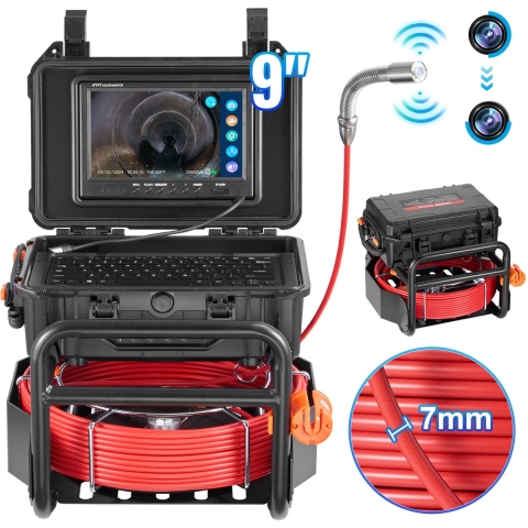 VEVOR Rioolcamera, 50 m zelfnivellerende buiscamera met 512 Hz-zender, afstandsmeter, 9-inch scherm, 1080P HD-buisinspectiecamera met 12 LED's en 32 GB-kaart, endoscoop voor rioolbuizen