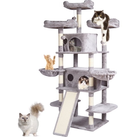 VEVOR Kattenboom voor binnenkatten, 173,5 cm kattentoren met 2 kattenflats, sisal krabpaal, hangmatten, zitstokken, springplatforms en helling, kattenmeubel activiteitencentrum met hangende ballen, lichtgrijs