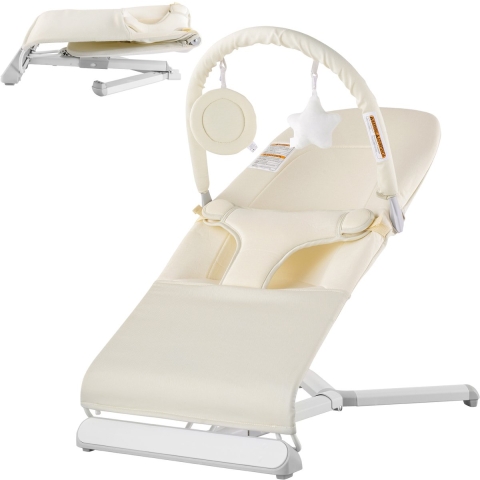 VEVOR Baby Bouncer, opvouwbare schommelstoel voor baby's van 0-9 maanden, schommelstoel met 2 ligstanden en draaibare speelstang, babyschommel met reistas voor binnen en buiten, 685 x 410 x 600 mm beige