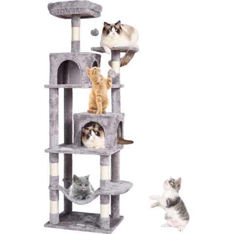 VEVOR Kattenboom voor binnenkatten, 160 cm kattentoren met 2 kattenhuizen, sisal krabpaal, hangmat, zitstok, springplatforms, groot kattenmeubel, activiteitencentrum met hangende bal, lichtgrijs