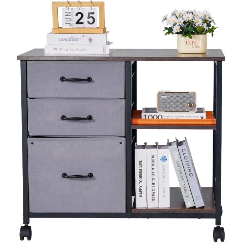 VEVOR Archiefkast met 3 stoffen laden, mobiele container met 2 open planken, opbergkast voor kantoorbenodigdheden, printerdocumenten, brief A4, legaal formaat (bruin)