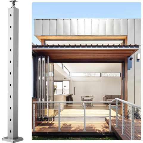 VEVOR kabelleuningpalen, 36" x 2" x 2" horizontale gaten, 10 voorgeboorde gaten, SUS304 roestvrijstalen palen met gebogen beugel, set van 1, zilver, 1JZLGZ91455YMDM3LV0