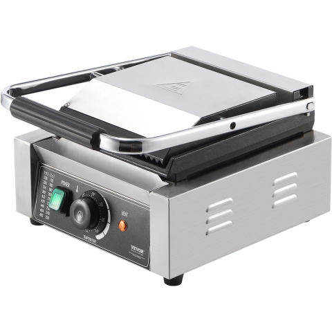VEVOR Commerciële Panini Grill, 1800W Elektrische Sandwich Panini Maker, RVS Sandwich Pers Grill, Panini Grill met Temperatuurregeling en 23 x 23 cm Platte Emaille Plaat