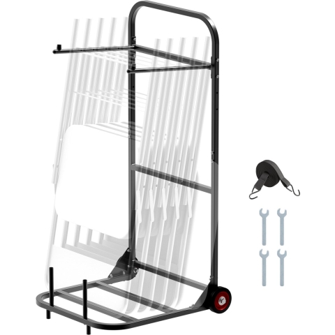 VEVOR Stoelenkar, Opvouwbare Stoelstandaard, Draagvermogen 45 kg, Robuuste Stoelenkar voor het Ophangen van 10 Stoelen, Metalen Stoelenkar met Rubberen Wielen, Push-Move Stoelhouder, Matzwart