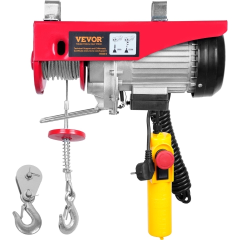 VEVOR 230V elektrische lier met een hefvermogen van 300 tot 600 kg, een hefhoogte van 12 m, een kabeltakel met motor van 1150 W en een hefsnelheid van 10 m/min. Deze lier is voorzien van een kabel en een afstandsbediening.
