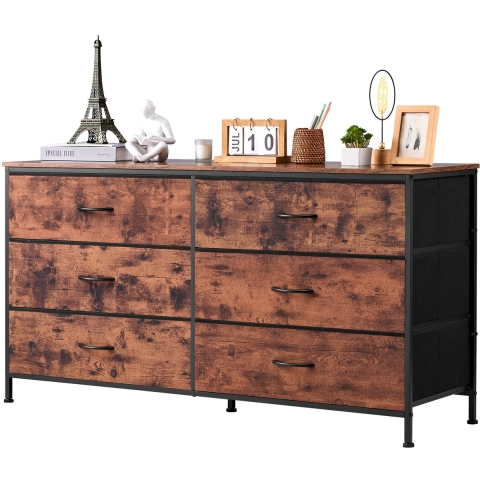 VEVOR tv-meubel met 6 laden en opbergruimte, ladekast met stevig stalen frame, stoffen opbergtoren voor slaapkamer, halkast, rustiek bruin