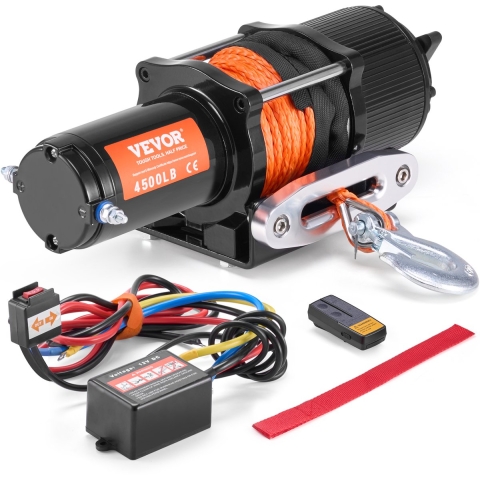 VEVOR elektrische lier, trekvermogen 2048 kg, 12V DC voor ATV/UTV, met 12-strengs synthetisch touw (Φ1/4 inch x 39 ft), aluminium kabelgeleider, afstandsbedieningen, IP55 waterbestendigheid