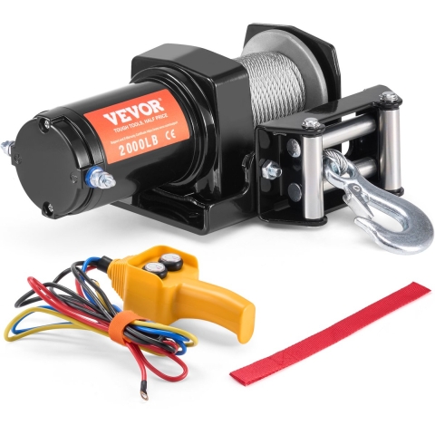 VEVOR elektrische lier, kabeltrekcapaciteit van 2000 lb, 12V DC ATV/UTV-lier met Φ5/32 inch x 39 ft 7-strengs stalen kabelhaspel, bekabelde afstandsbediening, IP55 waterdicht voor off-road UTV-slepen
