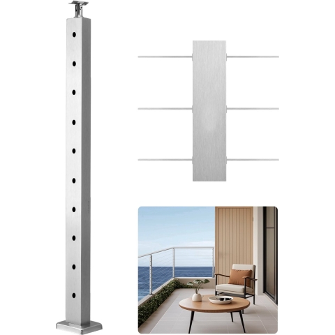 VEVOR kabelleuningpalen, 91 x 2,5 x 5 cm, 1 verpakking, roestvrijstalen kabelleuningpalen, voorgeboorde palen met montagebeugel, leuningpalen, zilver, 1JZLGZXYS914I4BDB001V0